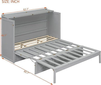 Bellemave Queen Size Murphy Bed, Cabinet Bed with Charging Station and Storage, Farmhouse Murphy Cabinet with Foldable Panel, for Bedroom,Office, Brushed Gray