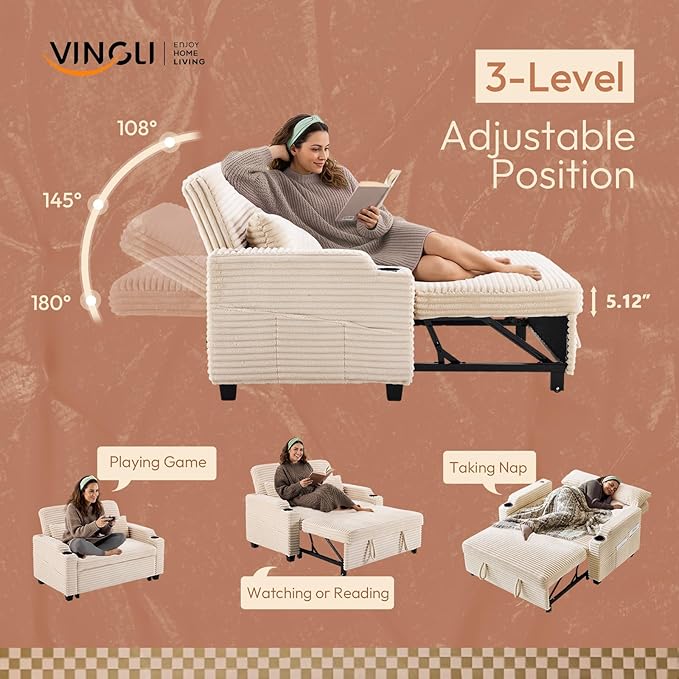 VINGLI Beige Futon Sofa Bed Convertible Loveseat Sleeper Sofa Couch, Corduroy Pullout Sofa Fold Out Couch Bed with USB Ports, Cup Holders, Armrest for Living Room, Bedroom Apartment Room