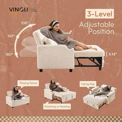 VINGLI Beige Futon Sofa Bed Convertible Loveseat Sleeper Sofa Couch, Corduroy Pullout Sofa Fold Out Couch Bed with USB Ports, Cup Holders, Armrest for Living Room, Bedroom Apartment Room