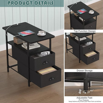 sthmec End Table with Charging Station, Narrow Side Table with 2 Drawers, LED Nightstands with Drawers, USB Ports & Power Oulets,Slim Sofa Side Tables for Small Spaces,Living Room,Bedroom, Black