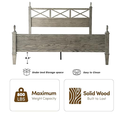 Queen Size Platform Bed Frame with Solid Wood Headboard & Footboard, Metal Legs, 12 Durable Slatted Base, No Box Spring Needed, Easy Assembly, Noise-Free & Anti-Slip, Weathered Gray Oak Finish RIQ-34
