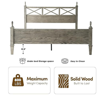 Queen Size Platform Bed Frame with Solid Wood Headboard & Footboard, Metal Legs, 12 Durable Slatted Base, No Box Spring Needed, Easy Assembly, Noise-Free & Anti-Slip, Weathered Gray Oak Finish RIQ-34