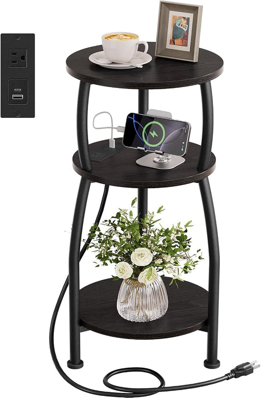 Round Side Table with Power Outlet & USB Ports, 3-Tier End Table with Storage Shelf, Modern Rustic Nightstand, Small Spaces Accent Table for Living Room Bedroom, Easy Assembly, Black