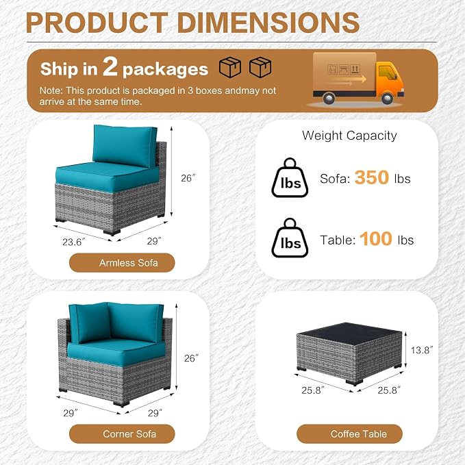 MOCHITO 7 Pieces Outdoor Patio Furniture Sets, All-Weather Sectional Sofa Grey PE Rattan Wicker Conversation Set with Glass Table and Washable Turkish Blue Cushions for Backyard,Sunroom,Garden,Porch