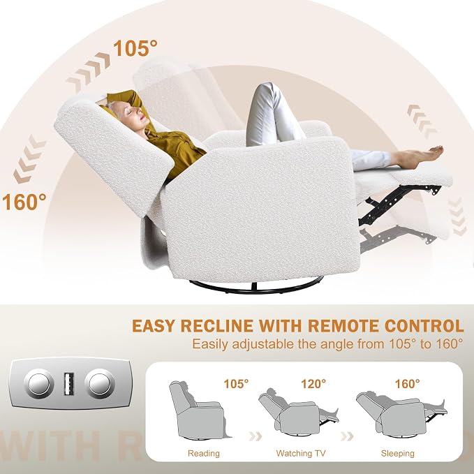 Power Recliner Chair Swivel Glider, Large Nursery Glider with Ottoman & USB Charging Port, Boucle Upholstered Rocker Recliner for Nursery,Living Room,Cream