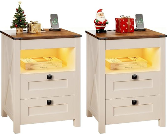 TAGELIER Night Stand Set 2 with Gun Drawer, Farmhouse Bedside Table with Charging Station, Gun Nightstand with LED Light & Human Sensor, Smart End Table for Bedroom, Antique White