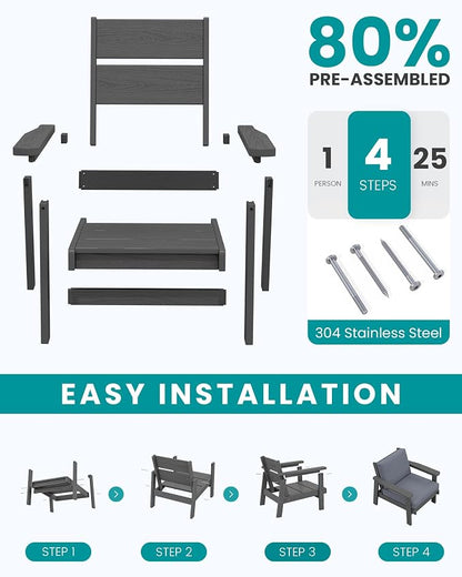 SERWALL HDPE Outdoor Furniture Set, 2 Piece All Weather Wood-Like Outdoor Sofa Sectional Couch, Grey Frame and Grey Cushion