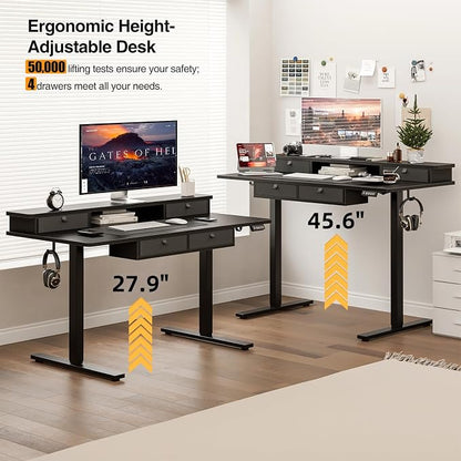 Grandder Electric Standing Desk with Four Drawers, Sit to Stand Up Height Adjustable Desk with Storage Shelf for Home Office, 55 * 28 Inch, Study, Ergonomic Adjustable Computer Desk, Black