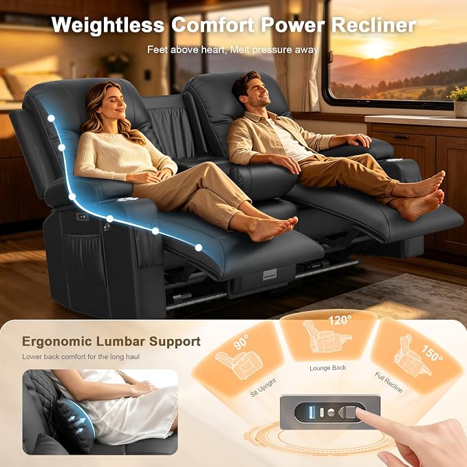 Power RV Loveseat Recliner Sofa, Reclining Loveseat with Flip Back Console, Home Theater Seating with USB Ports, Cup Holders, Wall Hugger Recliners for Movie Room, Gray