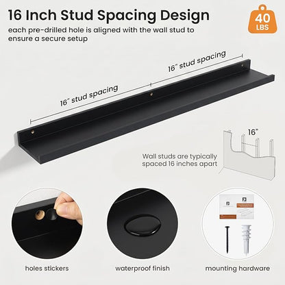 Axeman Picture Ledge Shelf | 40 Inch Floating Shelves Set of 4 | Black Wall Shelves with Lip | Black Picture Shelf for Wall with Ledge | Wood Photo Ledges for Living Room Bedroom