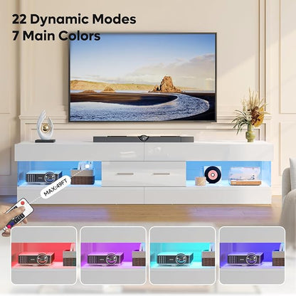 Bestier 67" Modern TV Stand for TVs up to 75 Inch, High Gloss LED Entertainment Center with Stone-Patterned Doors, TV Console with Drawer & Storage for Living Room, White