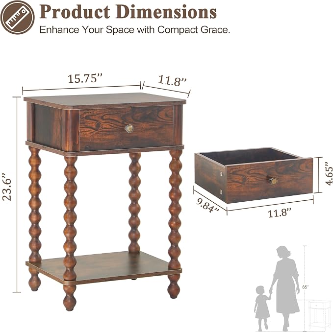 AWASEN Nightstand, Mid Century Modern Night Stand with Drawer for Living Room, Modern Bedside End Table with Spindle Wood Legs for Bedroom, Office, Rustic Brown
