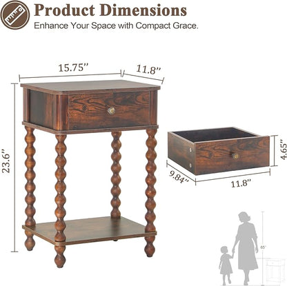 AWASEN Nightstand, Mid Century Modern Night Stand with Drawer for Living Room, Modern Bedside End Table with Spindle Wood Legs for Bedroom, Office, Rustic Brown