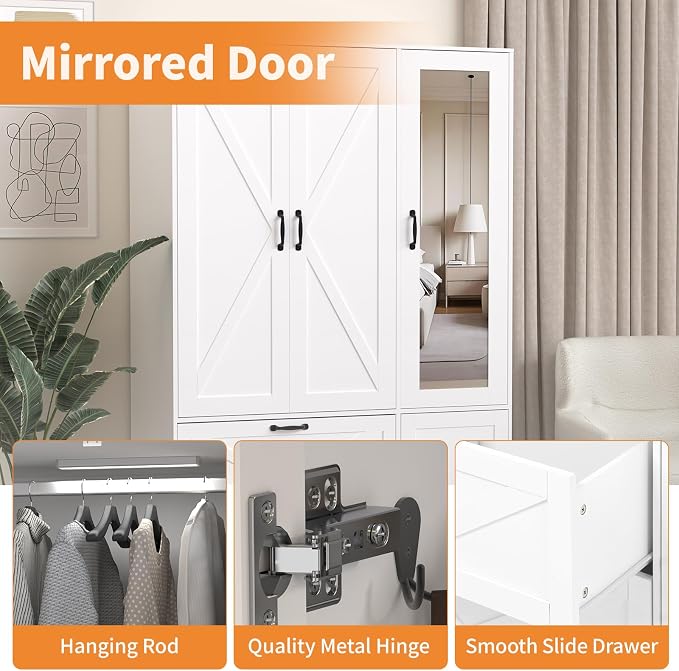 Armoire Wardrobe Closet with 3 Door, Bedroom Armoire with Mirror, LED Light, Hanging Rod, Drawers,Adjustable Shelves,Large Capacity Closet for Bedroom,47.2L,White