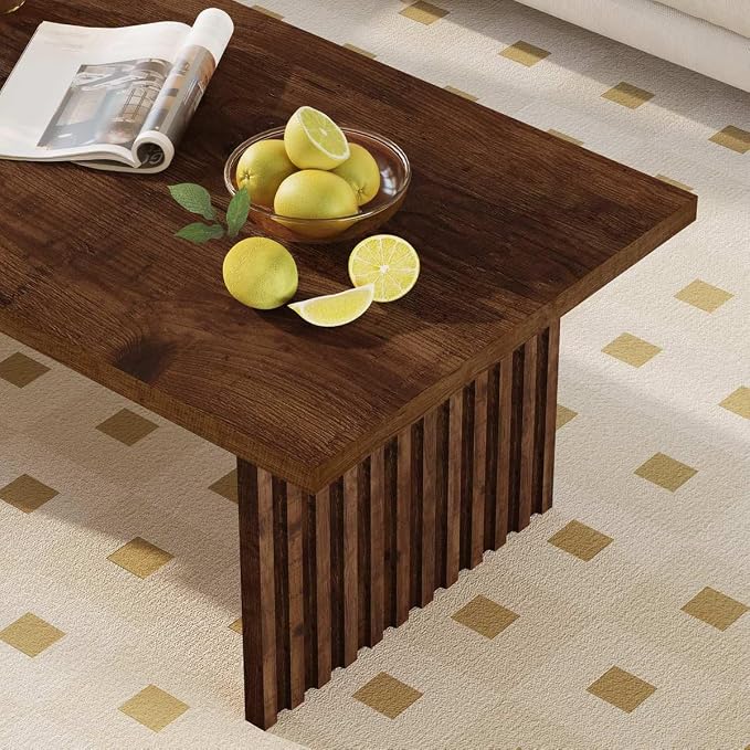 BON AUGURE Coffee Table for Living Room, 43Inch Farmhouse Wood Center Table, Rectangle Mid-Century Living Room Tables, Unique Fluted Panel Coffee Tables (Rustic Oak)