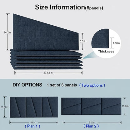 Peel and Stick Headboard Panels for Bed，Soft Padded Fabric Noise-Reducing Panels with Modern Stylish Design for Bedroom Decor (Dark Blue, Queen)
