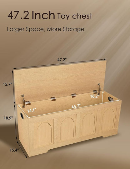 DINZI LVJ Storage Chest, 47.2" Rattan-Like Toy Box with 2 Safety Hinges, Wooden Entryway Storage Bench with Flip-Top, Large Trunk for Living Room, Bedroom, Easy Assembly, Natural
