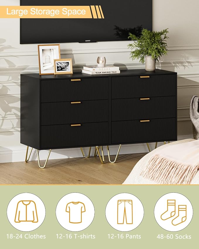 Fluted 3 Drawer Dresser for Bedroom, Modern Storage Bedroom Dresser Chest Cabinet Organizer with Anti-Tip Hardware for Living Room, Dressing Room, Kids Room, Office (Black)