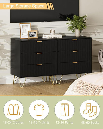 Fluted 3 Drawer Dresser for Bedroom, Modern Storage Bedroom Dresser Chest Cabinet Organizer with Anti-Tip Hardware for Living Room, Dressing Room, Kids Room, Office (Black)