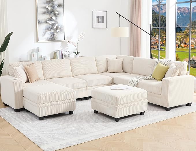 127" Modular Sectional Sofa with Storage, Corduroy 8-Seater V-Shaped Sofa with Ottoman Chaise, Convertible L-Shaped U-Shaped Cloud Sectional Couches for Living Room, Apartment