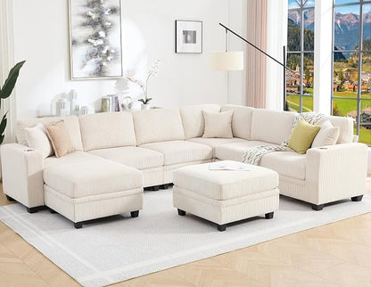 127" Modular Sectional Sofa with Storage, Corduroy 8-Seater V-Shaped Sofa with Ottoman Chaise, Convertible L-Shaped U-Shaped Cloud Sectional Couches for Living Room, Apartment