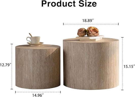 Nesting Round Coffee Table Set of 2, Circle Accent End Table for Small Spaces, Morden Drum Side Table, Wooden Center Table for Living Room, Fully Assembled - Beige