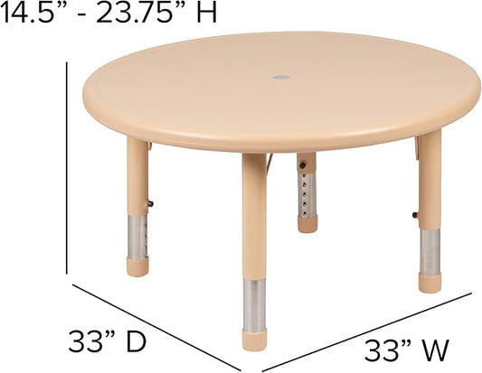 BizChair 33" Round Natural Plastic Height Adjustable Activity Table - School Table for 4