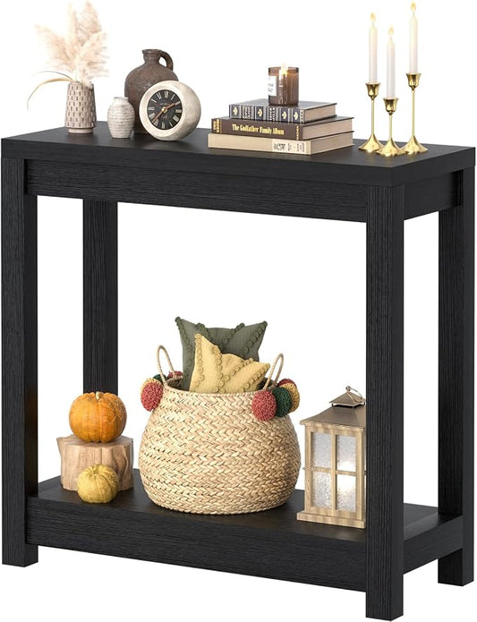 Besiost Small Farmhouse Wood Entryway Table Narrow Console Table with Storage Behind Couch Sofa Table with Shelves Entry Way Table with Open Storage, Easy Assembly, 32" Embossed Wood Grain Black