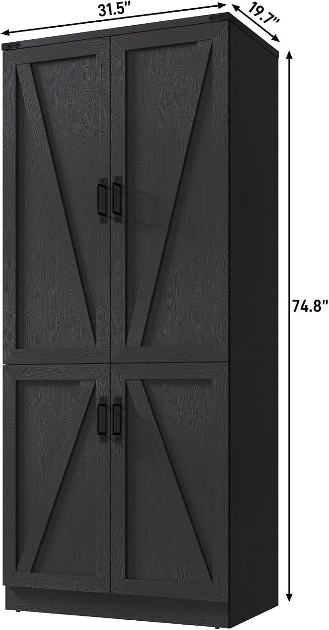 Hlivelood 75" Tall Farmhouse 2 Doors Armoire Wardrobe Closet with LED,Freestanding Closet Wardrobe Cabinet for Bedroom with Hanging Rod,Wooden Armoire Storage Cabinet with Adjustable Shelves(Black)