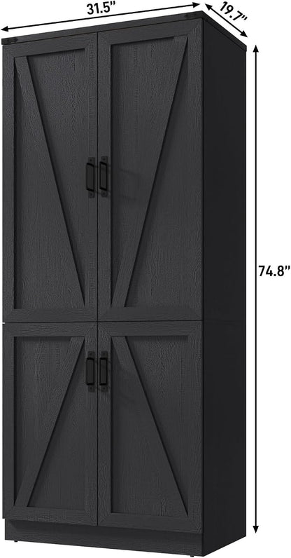 Hlivelood 75" Tall Farmhouse 2 Doors Armoire Wardrobe Closet with LED,Freestanding Closet Wardrobe Cabinet for Bedroom with Hanging Rod,Wooden Armoire Storage Cabinet with Adjustable Shelves(Black)
