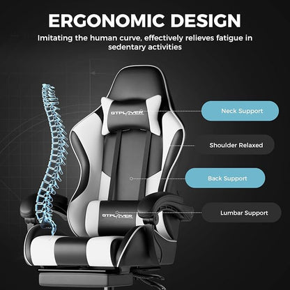 GTPLAYER Gaming Chair, Computer Chair with Footrest and Lumbar Support, Height Adjustable Game Chair with 360°-Swivel Seat and Headrest and for Office or Gaming (White)