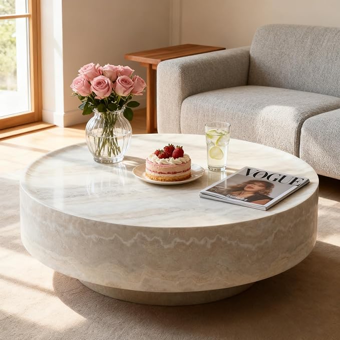 31.5" Faux Marble Round Coffee Tables, Modern Stone Coffee Tables, Fiberglass Drum Center Table, Accent Low Circle Coffee Table, Minimalist Sofa Side End Table for Living Room Apartment Office