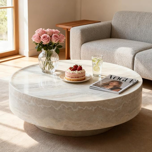 31.5" Faux Marble Round Coffee Tables, Modern Stone Coffee Tables, Fiberglass Drum Center Table, Accent Low Circle Coffee Table, Minimalist Sofa Side End Table for Living Room Apartment Office