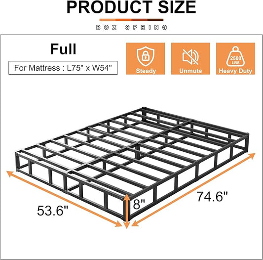 EMODA 8 Inch Full Size Box Spring Bed Base, 3000 LBS Heavy Duty Metal Mattress Foundation with Fabric Cover, Easy Assembly, Black