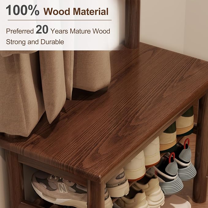 AQIMUELE Hall Tree, Coat Rack with Shoe Storage, Wooden Hall Tree with Bench, 11 Hooks and 2-Tier Storage Shelves, Entryway Bench with Coat Rack (23.6" - Deep Walnut)