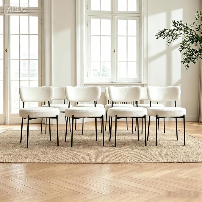 Boucle Dining Chairs Set of 8, White Mid Century Modern Kitchen Dining Room Chairs with Curved Backrest and Metal Frame, Round Upholstered Dining Chairs for Kitchen, Living Room
