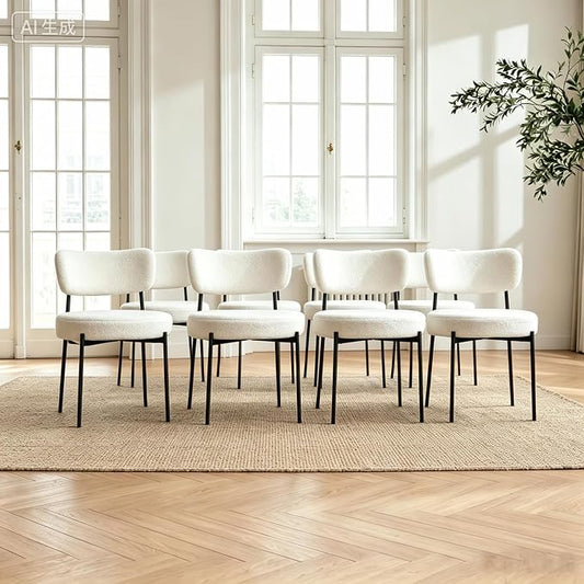 Boucle Dining Chairs Set of 8, White Mid Century Modern Kitchen Dining Room Chairs with Curved Backrest and Metal Frame, Round Upholstered Dining Chairs for Kitchen, Living Room