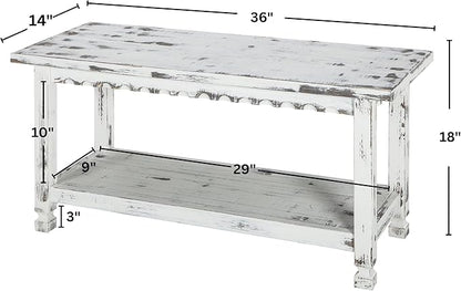 Country Cottage 36-Inch Farmhouse Entryway Bench with Storage Shelf – Solid Pine Wood Bench in Distressed White for Hallway, Bedroom, or Mudroom by Alaterre Furniture