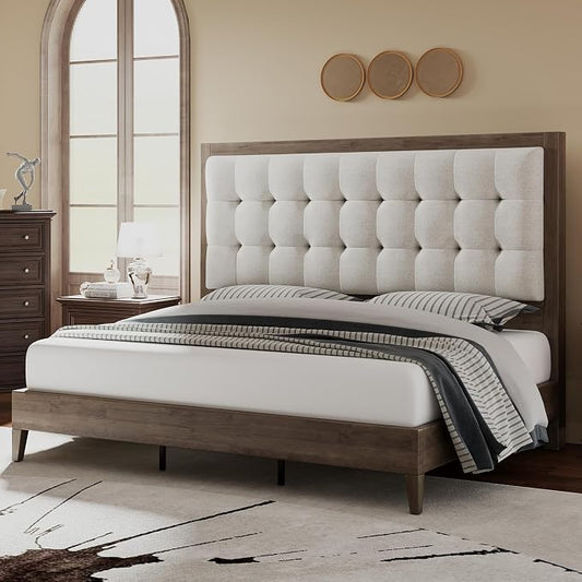 Jocisland Solid Wood Full Size Bed Frame 50.2" Tall Upholstered Headboard, Mid-Century Style, Stable Platform Support, No Box Spring Needed, Ash Gray