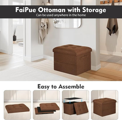 Storage Ottoman Cube, Folding Foot Rest with Thicker Foam Padded Seat. 350 lbs Small Linen Ottoman with Storage Bench Footstool for Living Room, Bedroom, Coffee Table. 17x13x13in, Brown