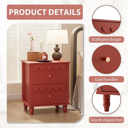 Anbuy Red Nightstand with Petal Pattern, Modern Night Stand with 2 Drawers for Bedroom, Side End Table Scalloped Bedside Night Tables with Solid Wood Legs