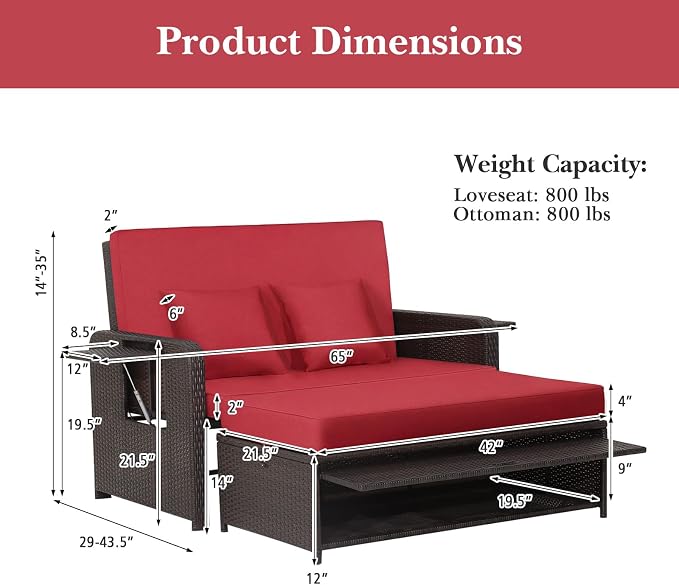 Tangkula Patio Rattan Daybed with 4-Level Adjustable Backrest, Outdoor PE Wicker Loveseat with Storage Ottoman & Folding Side Tray, Double Sunbed Lounger for Balcony, Backyard & Poolside, Red & Brown