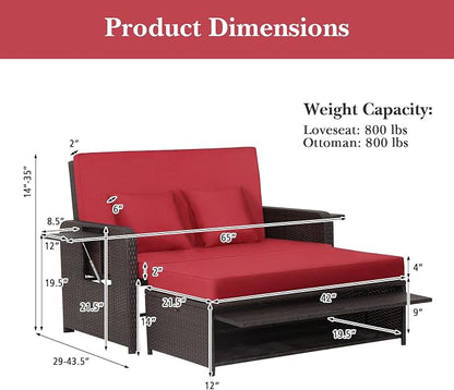 Tangkula Patio Rattan Daybed with 4-Level Adjustable Backrest, Outdoor PE Wicker Loveseat with Storage Ottoman & Folding Side Tray, Double Sunbed Lounger for Balcony, Backyard & Poolside, Red & Brown