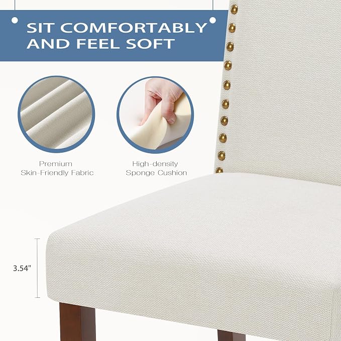 DUMOS Dining Chairs Set of 4, Farmhouse Fabric Upholstered Kitchen Chairs with Wooden Legs and Padded Seat, Modern Accent Chair for Dining Room, Kitchen, Living Room, Restaurant, Beige