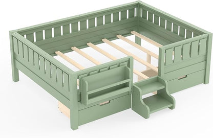 Bellemave Full Kids Montessori Bed with Stairs, Bookshelf and Drawers, Solid Wood Kids Bed Frame with Storage for Boys Girls, Low Profile,Green