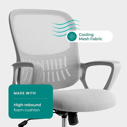OLIXIS Home Office Chair, Mid Back Computer Ergonomic Mesh Desk with Large Seat, Executive Height Adjustable Swivel Task with Lumbar Support and Armrest, for Adults, Grey