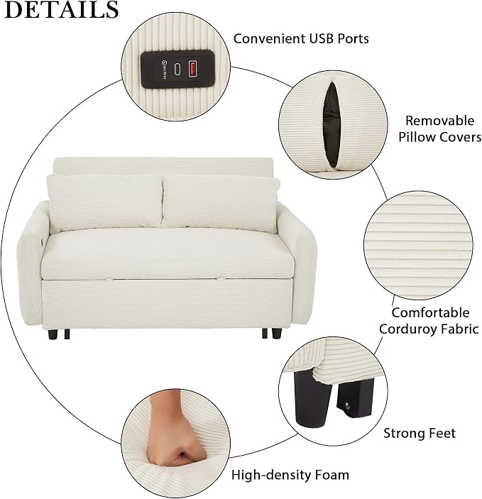 ERYE 57.5-Inch Loveseat Sofa with Pull Out Sleeper Couch Bed, Comfy Corduroy Upholstered Love Seat Sofa Convertible Sleeper Sofabed,Lounge Recliner Chaise Daybed | USB Charging Ports