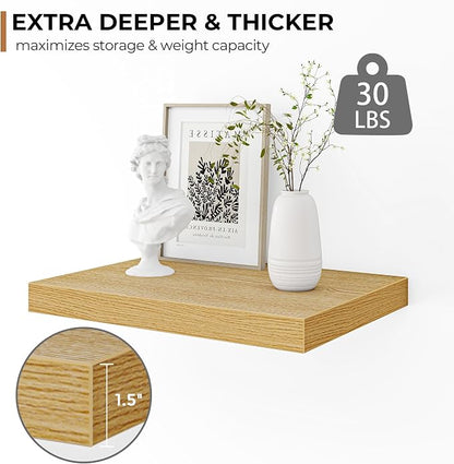 Fun Memories Floating Shelves - 2 Pack 12 Inch Rustic Wooden Wall Shelves - Extra Deeper & Thicker Wall Mounted Storage Shelf for Living Room, Kitchen, Farmhouse - 16" W x 12" D x 1.5" H - Oak