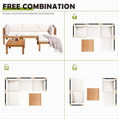 Greesum 5 Pieces Small Patio Sofa, Acacia Wood Outdoor Conversation Sets with Tea Table for Garden Porch and Backyard, Beige