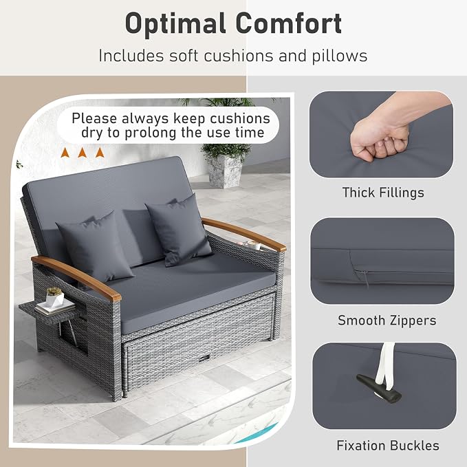 LDAILY Moccha Outdoor Wicker Daybed, Patio Rattan Loveseat Sofa w/ 4-Level Adjustable Backrest, Folding Panels, Storage Ottoman & Cushions, Lounge Furniture Set for Poolside Backyard Porch (Grey)